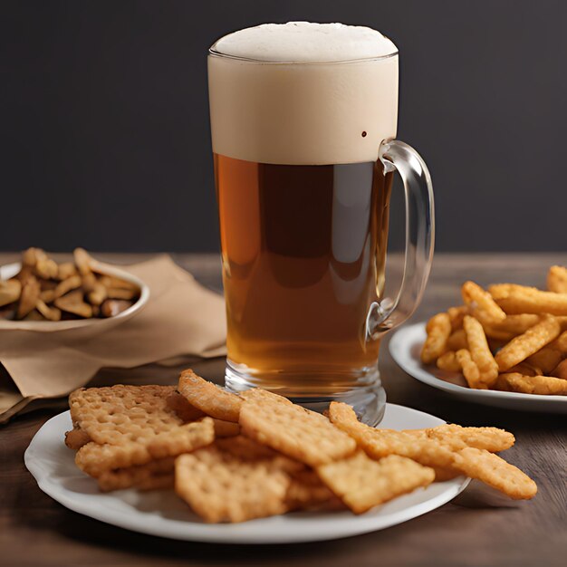 Foto un vaso de cerveza al lado de un plato de galletas y galletas