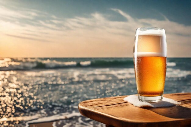 Foto un vaso de cerveza al lado de una playa y el océano