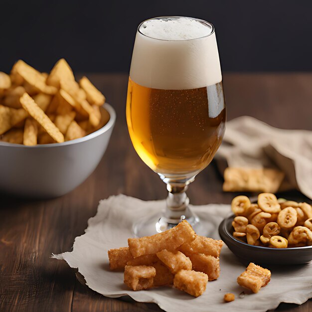 Foto un vaso de cerveza al lado de un tazón de galletas y un bol de galletas