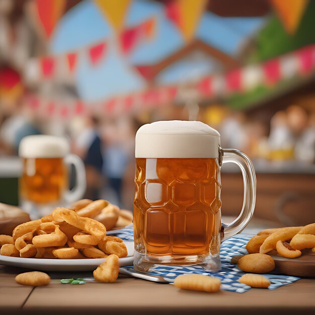 un vaso de cerveza con almendras en la mesa y una taza de cerveza