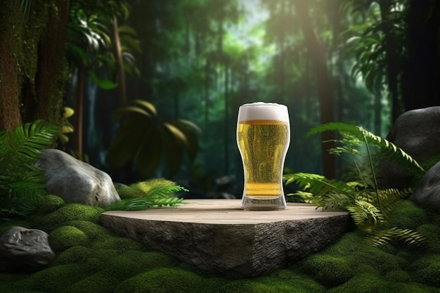 Un vaso de cerveza se asienta sobre una roca en un bosque.