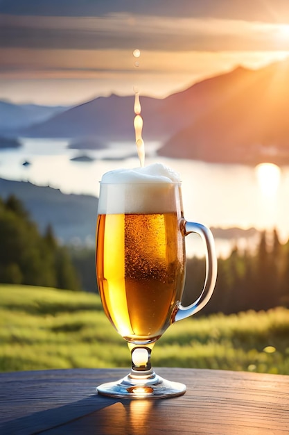 Un vaso de cerveza con un atardecer de fondo