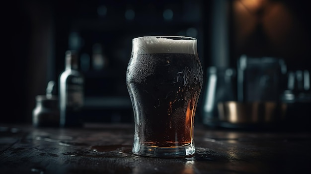 Un vaso de cerveza en un bar con una botella de cerveza en el mostrador.