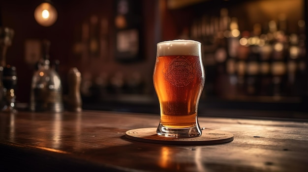 Un vaso de cerveza en un bar con la palabra cervecería