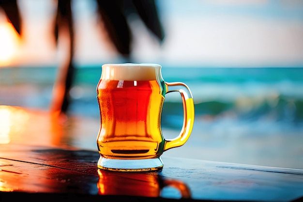 Un vaso de cerveza en un bar con una playa al fondo