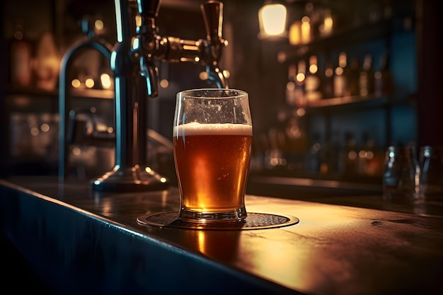 Vaso de cerveza en la barra del bar en un pub