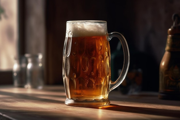 Un vaso de cerveza en la barra de un bar