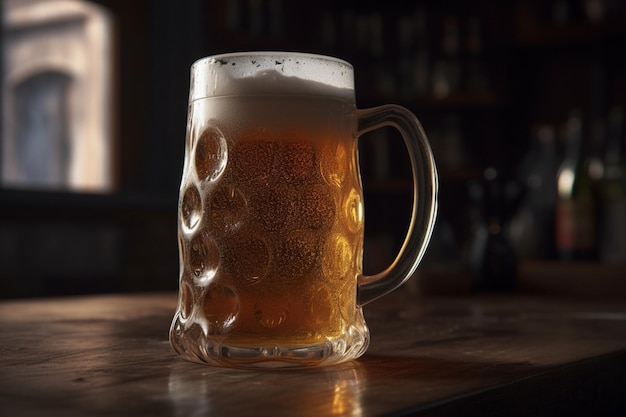 Un vaso de cerveza en la barra de un bar