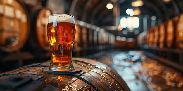 Vaso de cerveza en barril en una cervecería
