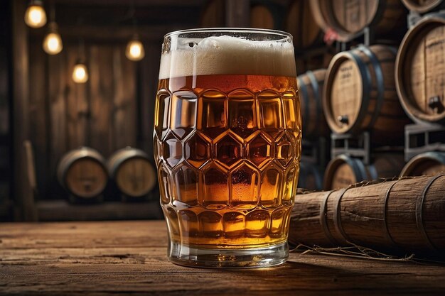 Un vaso de cerveza con barriles de madera apilados cerca