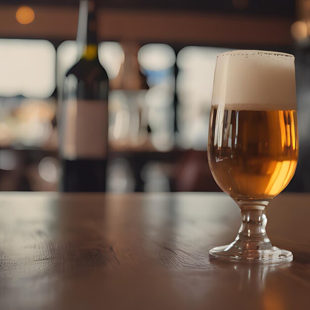 Foto un vaso de cerveza con una botella de cerveza en la mesa