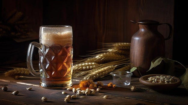 Un vaso de cerveza con una botella de cerveza sobre la mesa