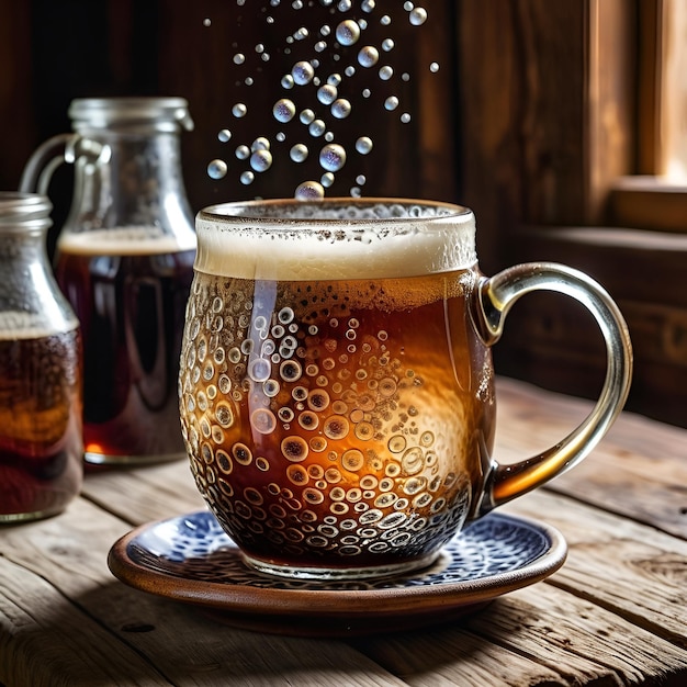 un vaso de cerveza con burbujas en una mesa