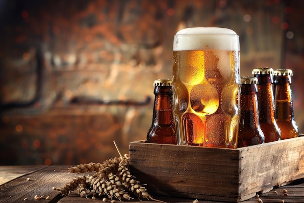 Vaso de cerveza con una caja de madera llena de botellas de cerveza en la mesa
