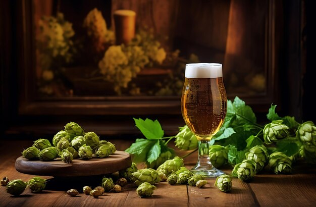 Foto vaso de cerveza con conos de lúpulo y lúpulo sobre un fondo de madera generado por ai