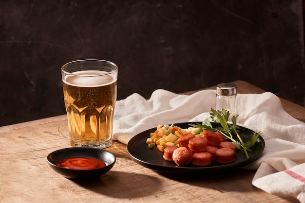 Vaso de cerveza deliciosa con salchichas a la parrilla en mesa de madera