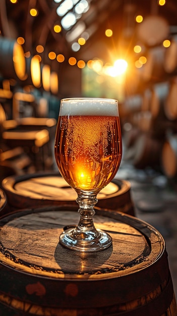 Vaso de cerveza descansando sobre un barril de madera con barriles de madera en el fondo del sótano Los rayos de la luz solar golpean su superficie