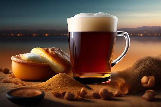 Un vaso de cerveza con una escena de playa al fondo.