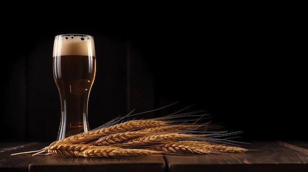 Foto un vaso de cerveza y espigas de trigo en una tabla de madera