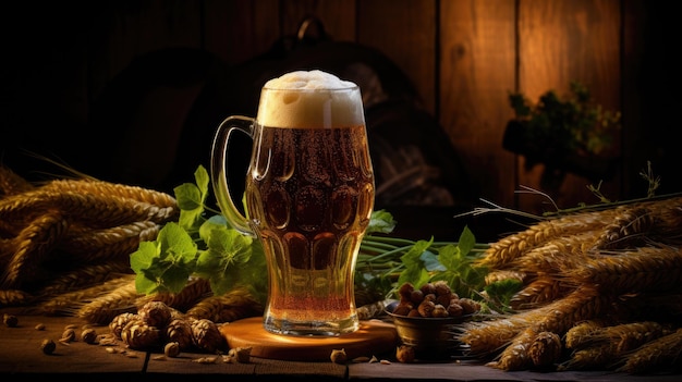 Un vaso de cerveza con espuma blanca Un vas o de cerveza artesanal con espuma en un soporte de madera sobre un fondo