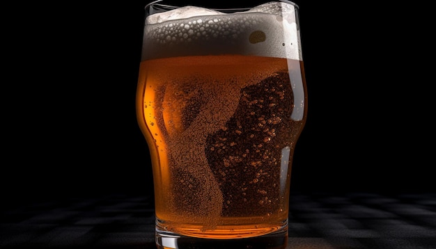 Un vaso de cerveza espumoso con líquido dorado y burbujas generadas por inteligencia artificial