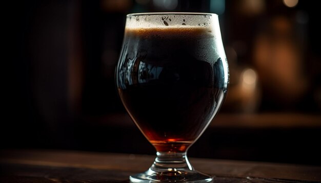 Foto vaso de cerveza espumoso sobre una mesa de madera oscura en un primer plano de pub generado por ia