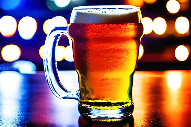 Un vaso de cerveza está en un bar con luces de fondo.