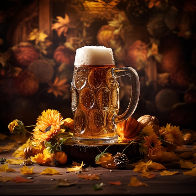 Foto un vaso de cerveza con flores y hojas sobre una mesa.