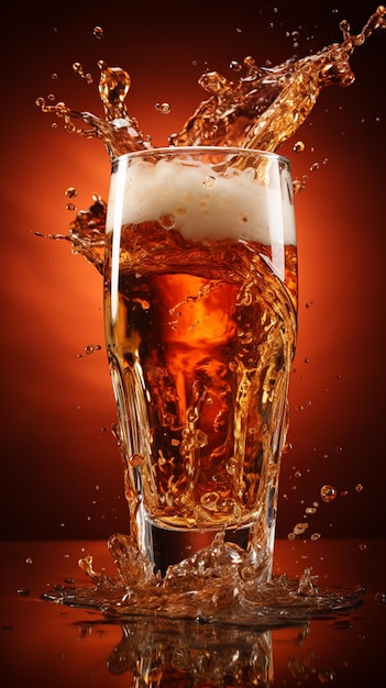 un vaso de cerveza flotando sobre un fondo rojo