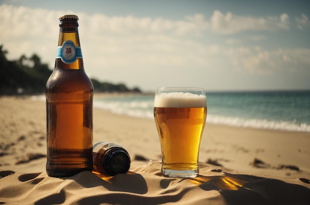 vaso de cerveza en el fondo de la playa