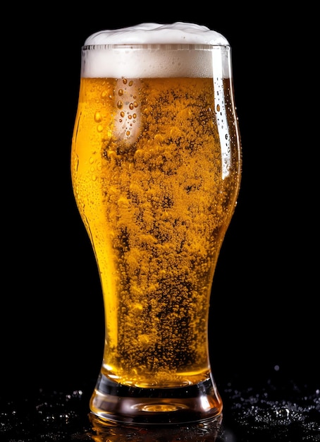 Un vaso de cerveza fresca y fría con una tapa de espuma un chapoteo de espuma con una sabrosa cerveza americana día de la cerveza