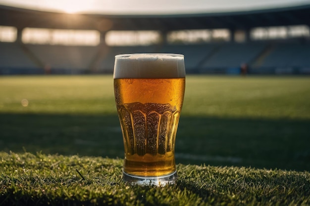 Un vaso de cerveza fría con un campo de fútbol borroso en el fondo