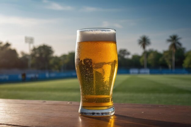 Foto un vaso de cerveza fría con un campo de fútbol borroso en el fondo