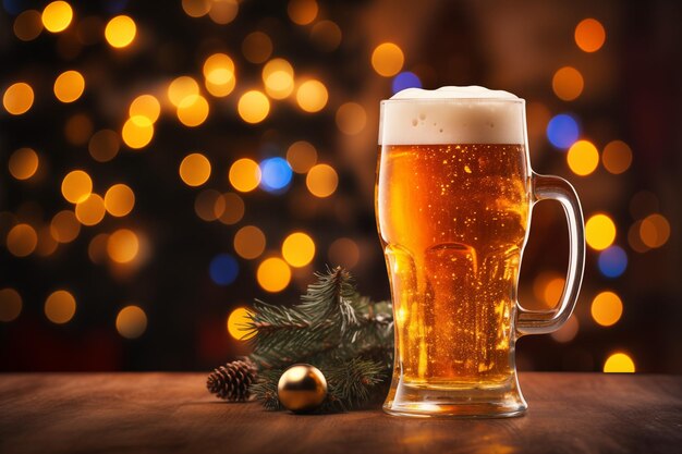 Vaso de cerveza fría festiva contra un fondo de árbol de Navidad de luz bokeh