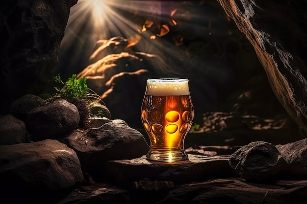 Vaso de cerveza fría con gotas de agua y espuma sobre rocas de piedra, espacio vacío en un ambiente cambiante