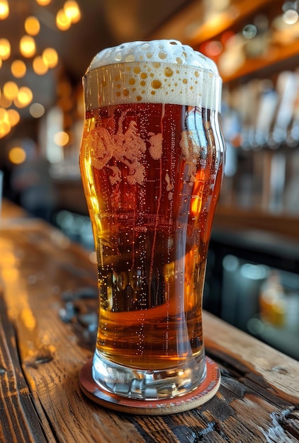 Un vaso de cerveza fría en el mostrador de madera de un bar en un pub