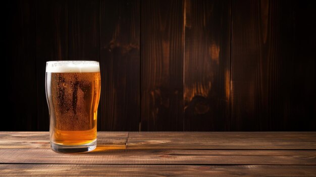 Vaso de cerveza fría sobre fondo de madera