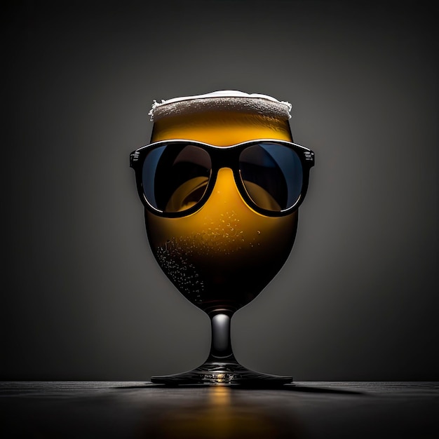 Un vaso de cerveza con gafas de sol y un fondo oscuro.