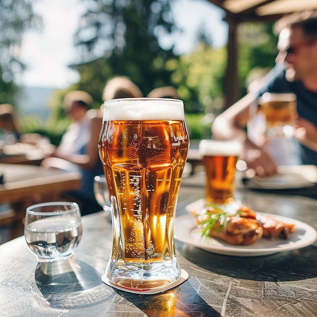un vaso de cerveza con un hombre sentado en una mesa con otras personas sentadas en una mesa