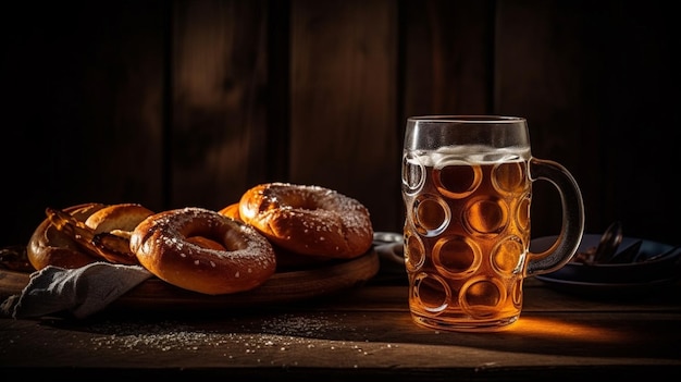 Un vaso de cerveza junto a bagels