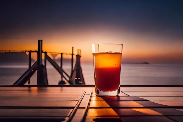 Foto un vaso de cerveza junto a una computadora portátil con la puesta de sol de fondo.