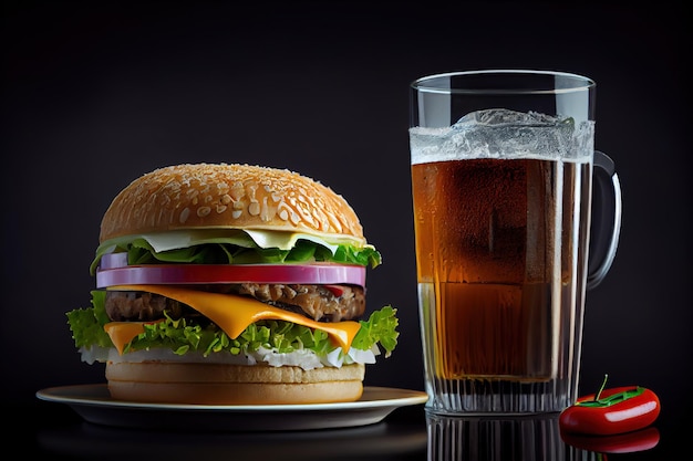 Un vaso de cerveza junto a una hamburguesa y un vaso de cerveza.