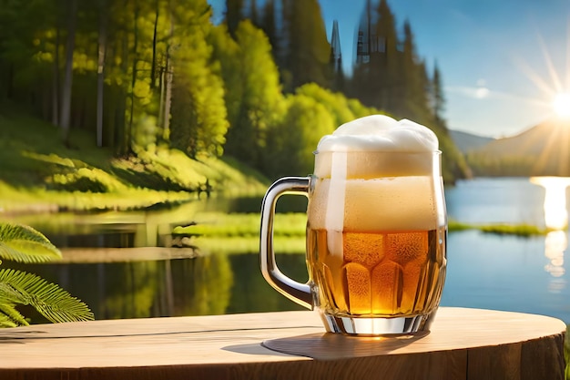 Un vaso de cerveza con un lago al fondo