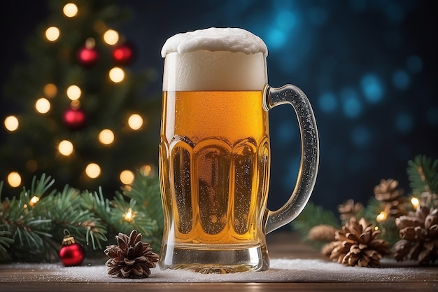 Foto un vaso de cerveza ligera en un fondo navideño