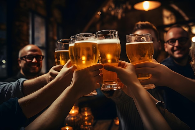 vaso de cerveza en la mano grupo de amigos felices bebiendo y brindando cerveza