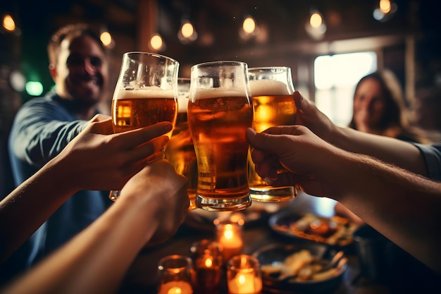 vaso de cerveza en la mano grupo de amigos felices bebiendo y brindando cerveza