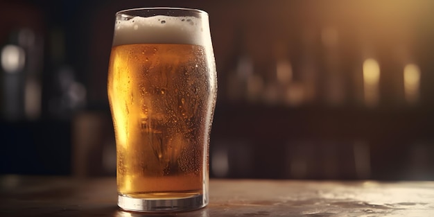 Un vaso de cerveza en una mesa en un bar con un fondo borroso