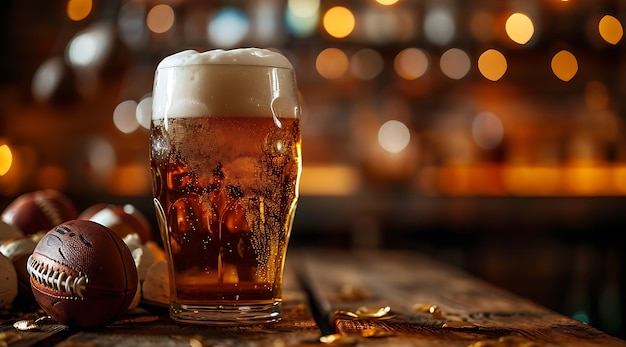 un vaso de cerveza en una mesa un fútbol en el fondo en un club deportivo