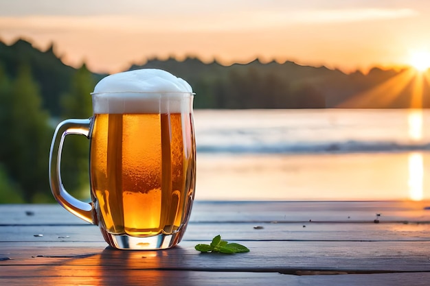 Un vaso de cerveza en una mesa con un lago al fondo