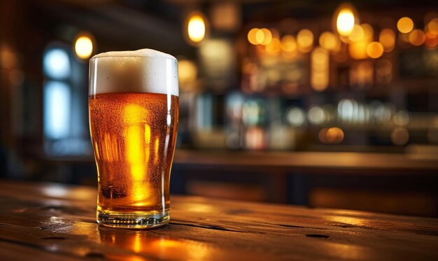 Un vaso de cerveza en una mesa de madera contra el fondo de una barra